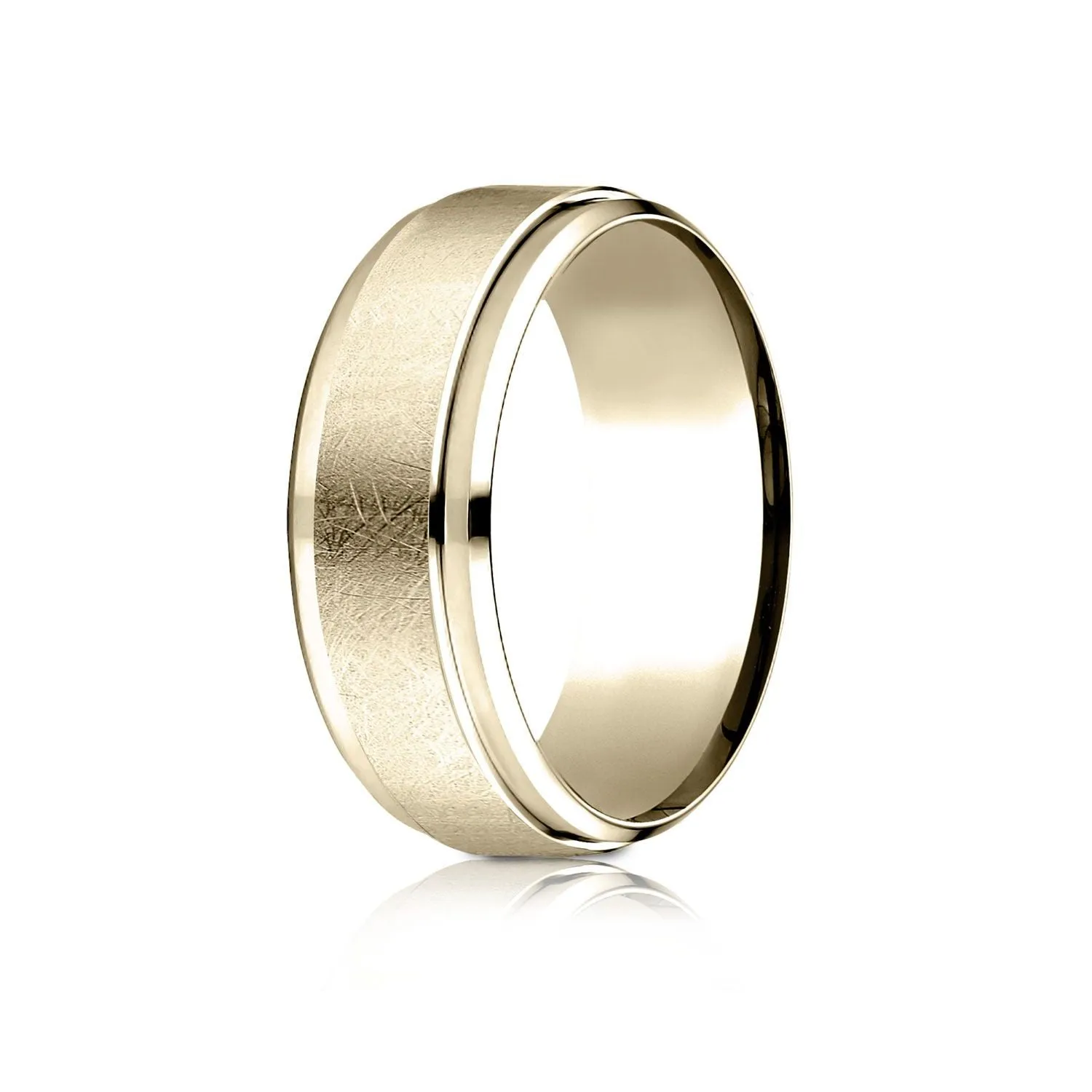 14 Karat Yellow Gold 7mm Comfort-fit Drop Bevel Swirl Finish Center Design Band