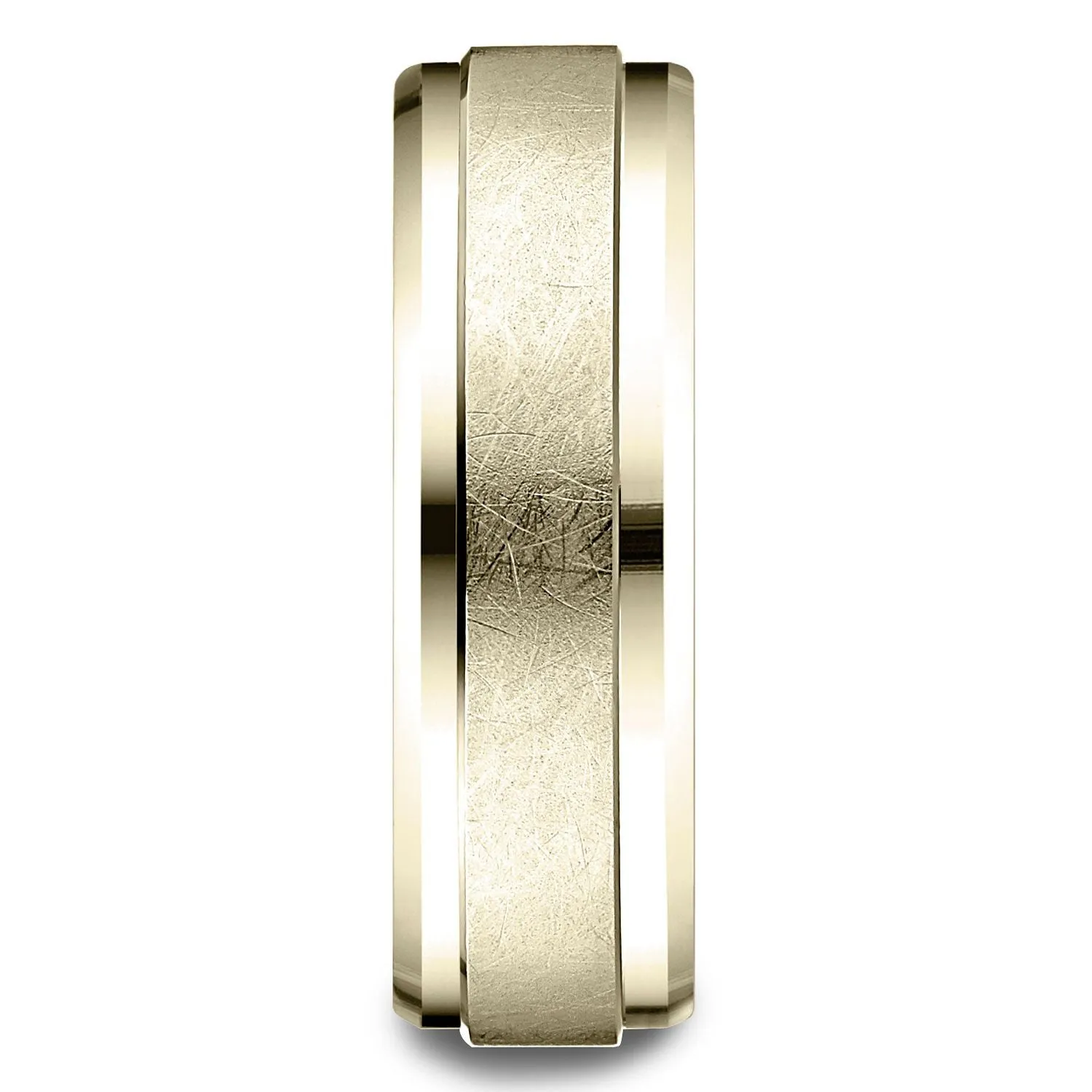 14 Karat Yellow Gold 7mm Comfort-fit Drop Bevel Swirl Finish Center Design Band