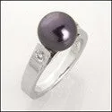 9mm Black Synthetic Pearl Cubic Zirconia 14K White Gold Ring