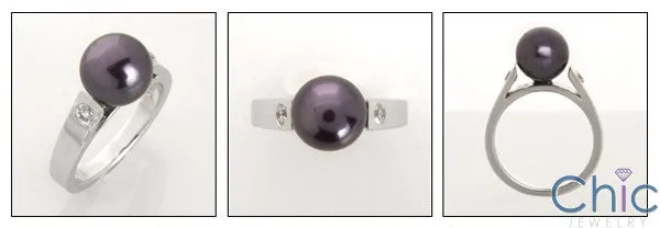 9mm Black Synthetic Pearl Cubic Zirconia 14K White Gold Ring