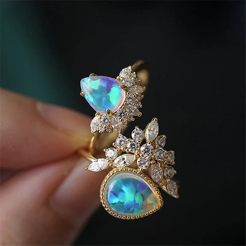 Elegant Water Drop Opal Crystal Crown Classic Engagement Ring