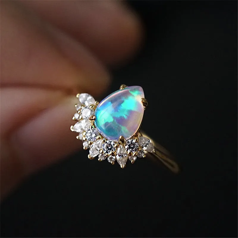 Elegant Water Drop Opal Crystal Crown Classic Engagement Ring