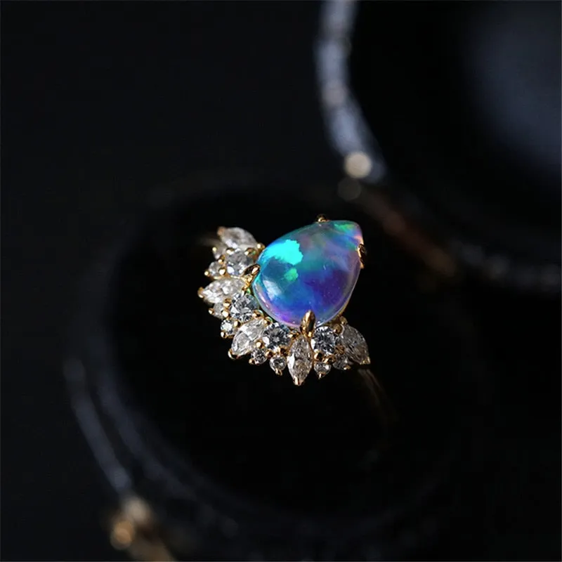 Elegant Water Drop Opal Crystal Crown Classic Engagement Ring