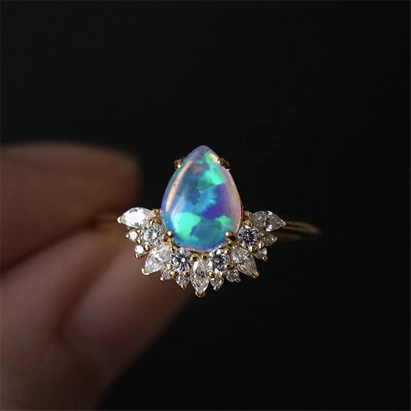 Elegant Water Drop Opal Crystal Crown Classic Engagement Ring
