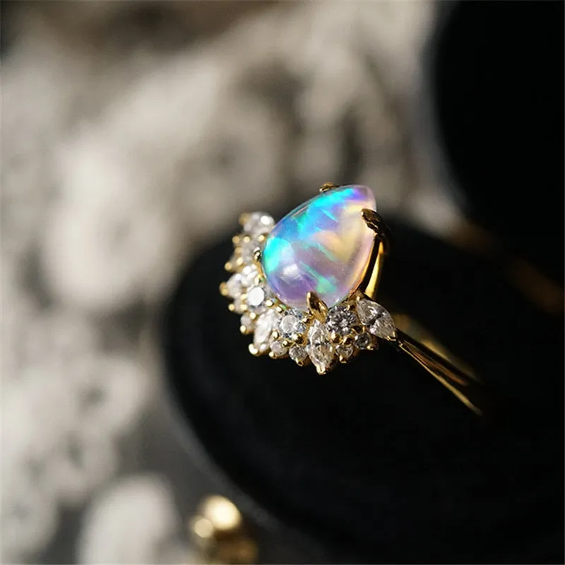 Elegant Water Drop Opal Crystal Crown Classic Engagement Ring