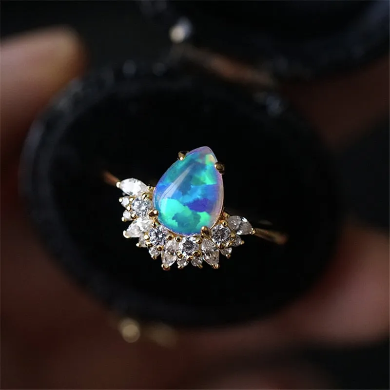 Elegant Water Drop Opal Crystal Crown Classic Engagement Ring
