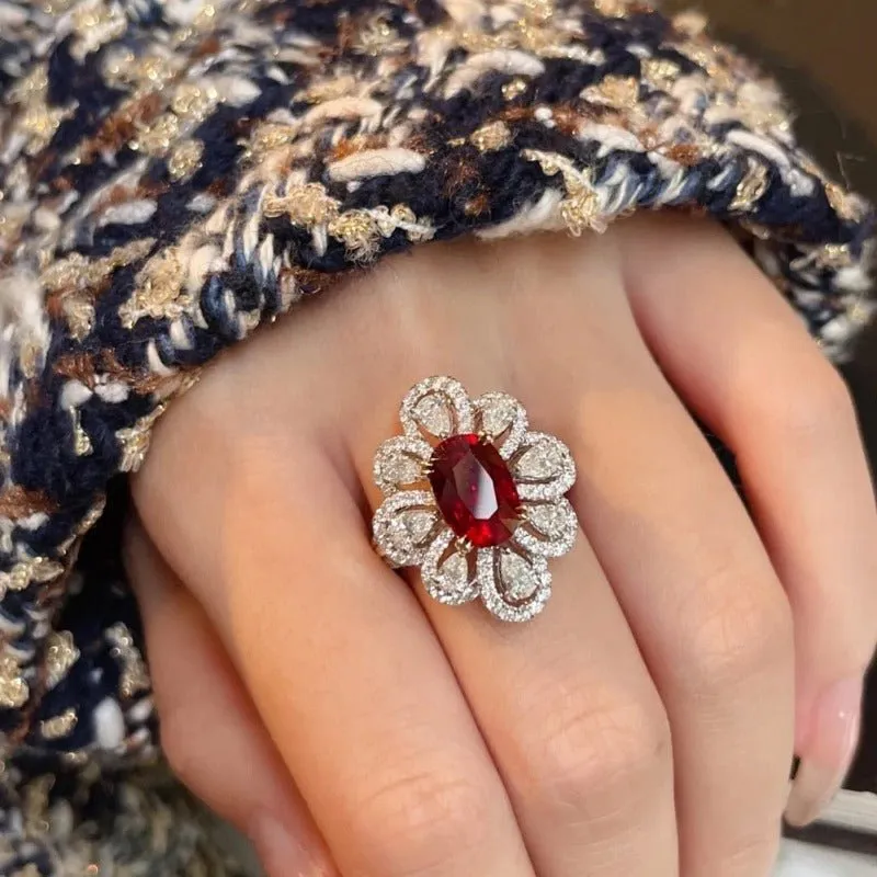 Luxurious Floral Red Ruby Ring Women Wedding Engagement Jewelry