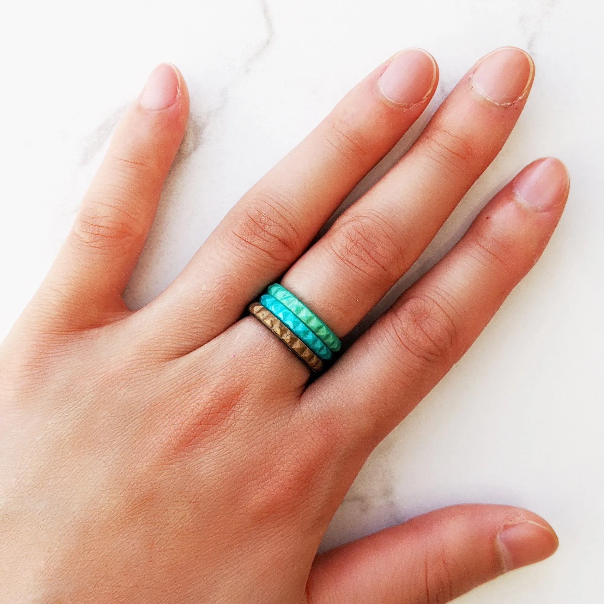 Pearl Aquamarine Pyramid Stackable Slim Thin Silicone Ring for Women