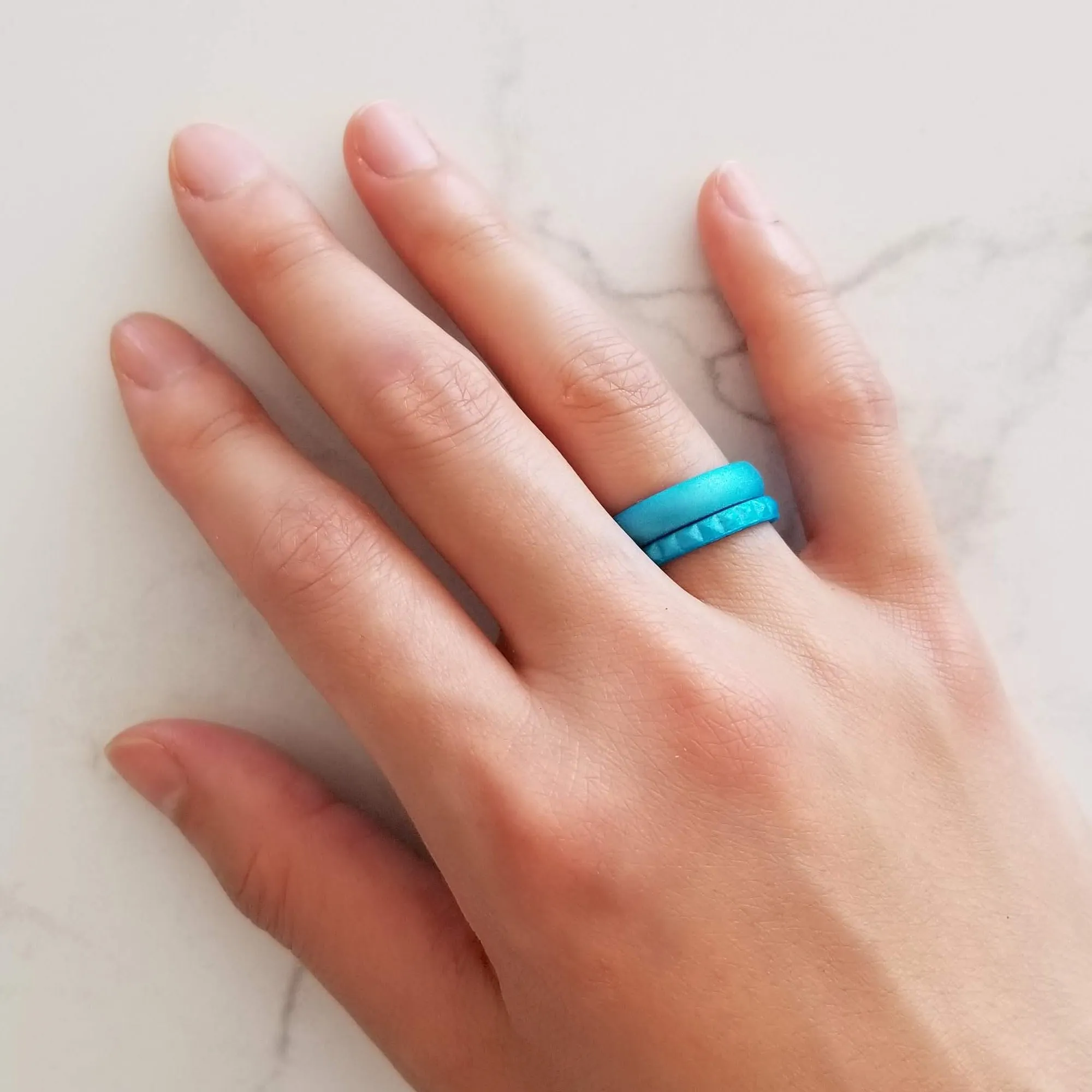 Pearl Aquamarine Pyramid Stackable Slim Thin Silicone Ring for Women