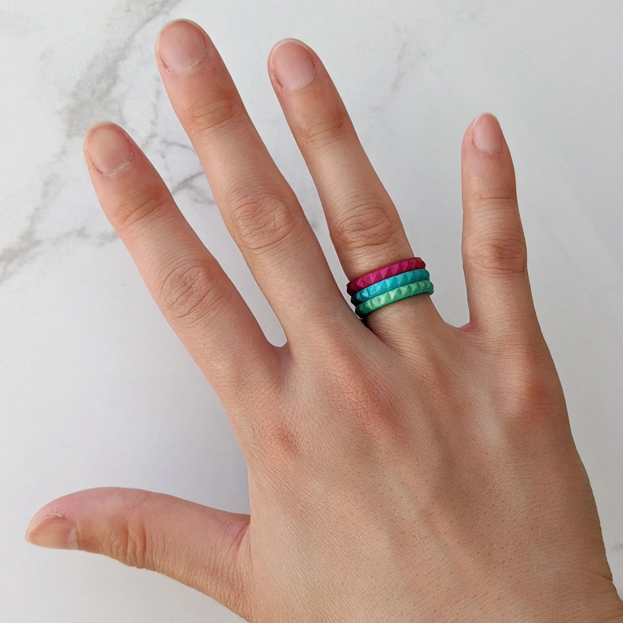 Pearl Aquamarine Pyramid Stackable Slim Thin Silicone Ring for Women