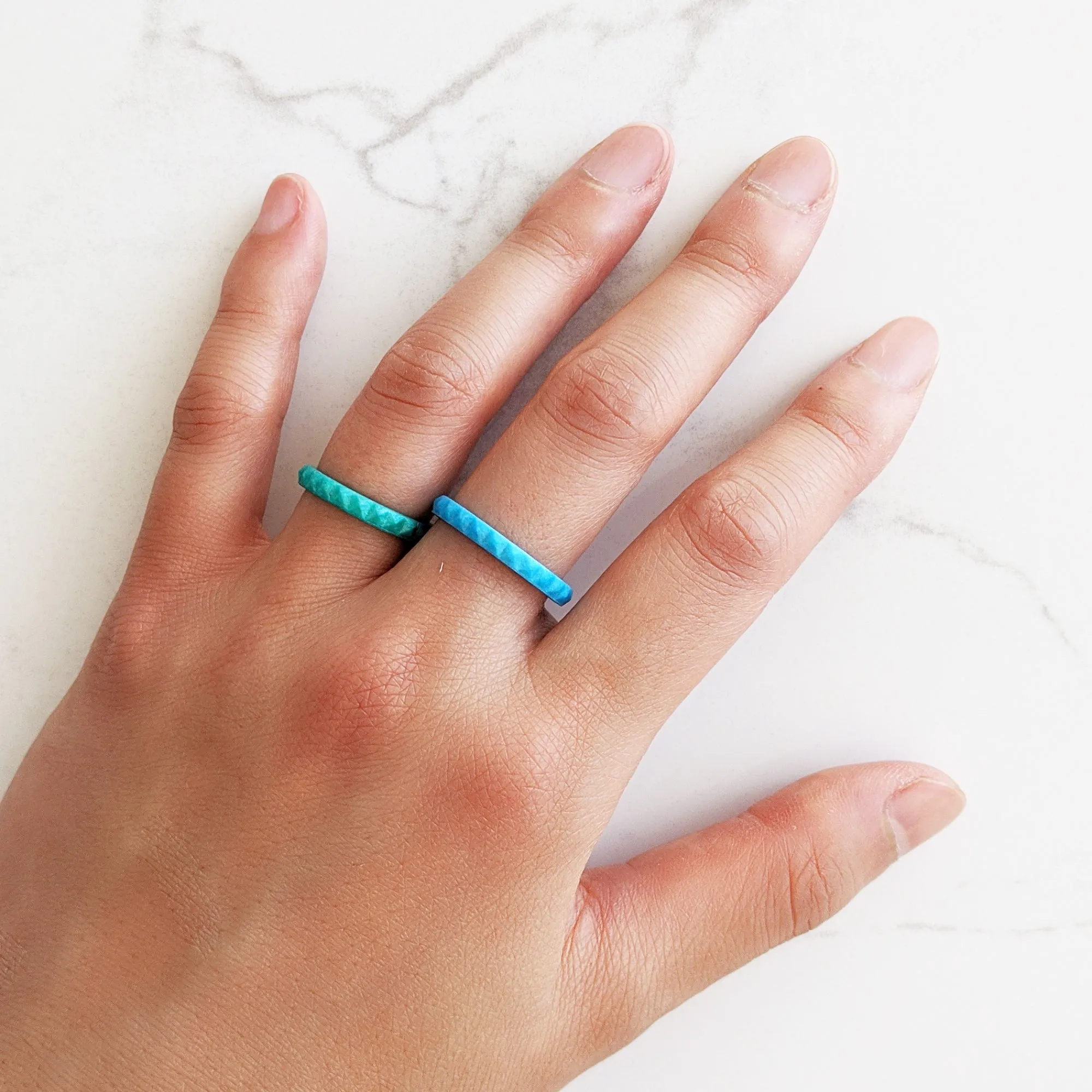 Pearl Aquamarine Pyramid Stackable Slim Thin Silicone Ring for Women