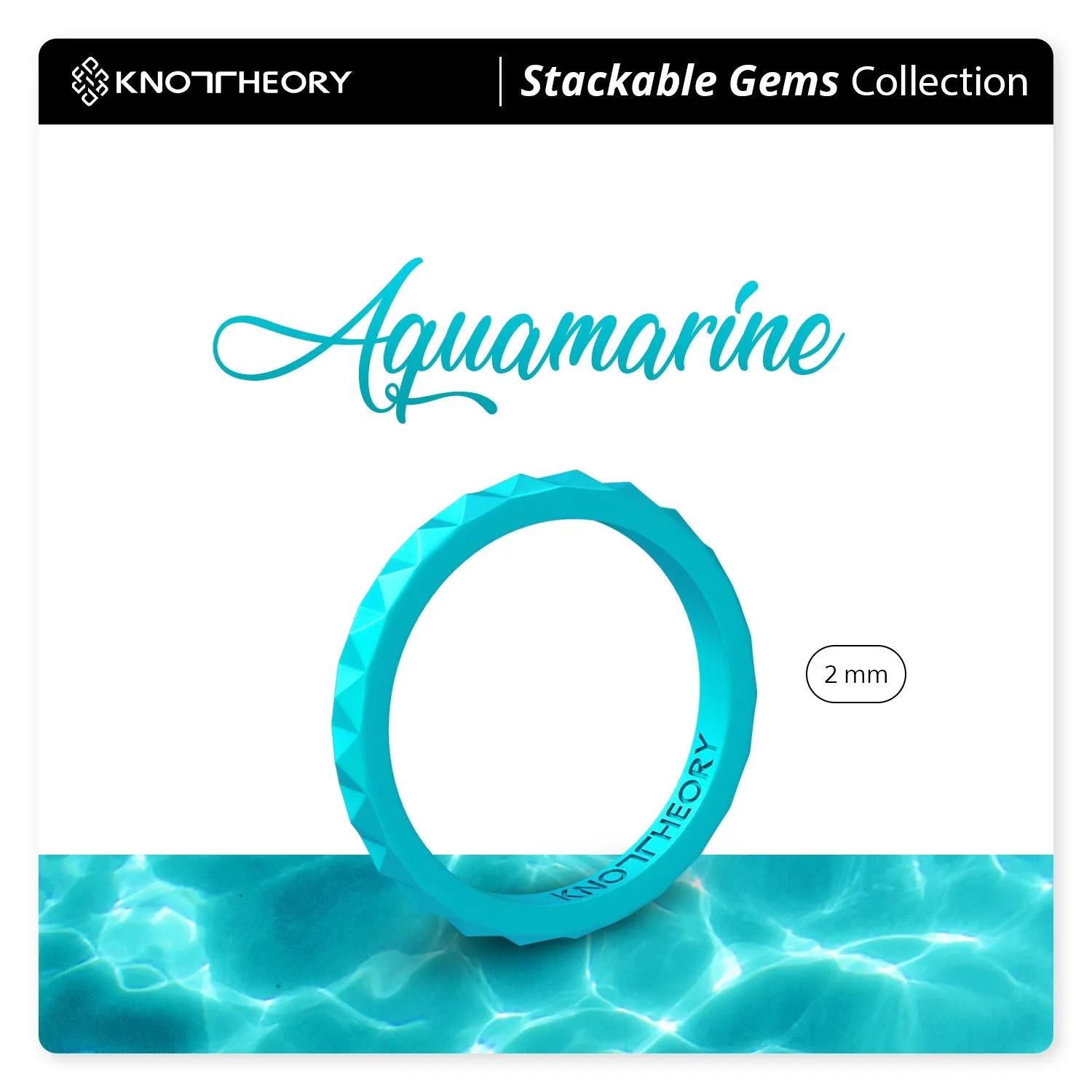 Pearl Aquamarine Pyramid Stackable Slim Thin Silicone Ring for Women