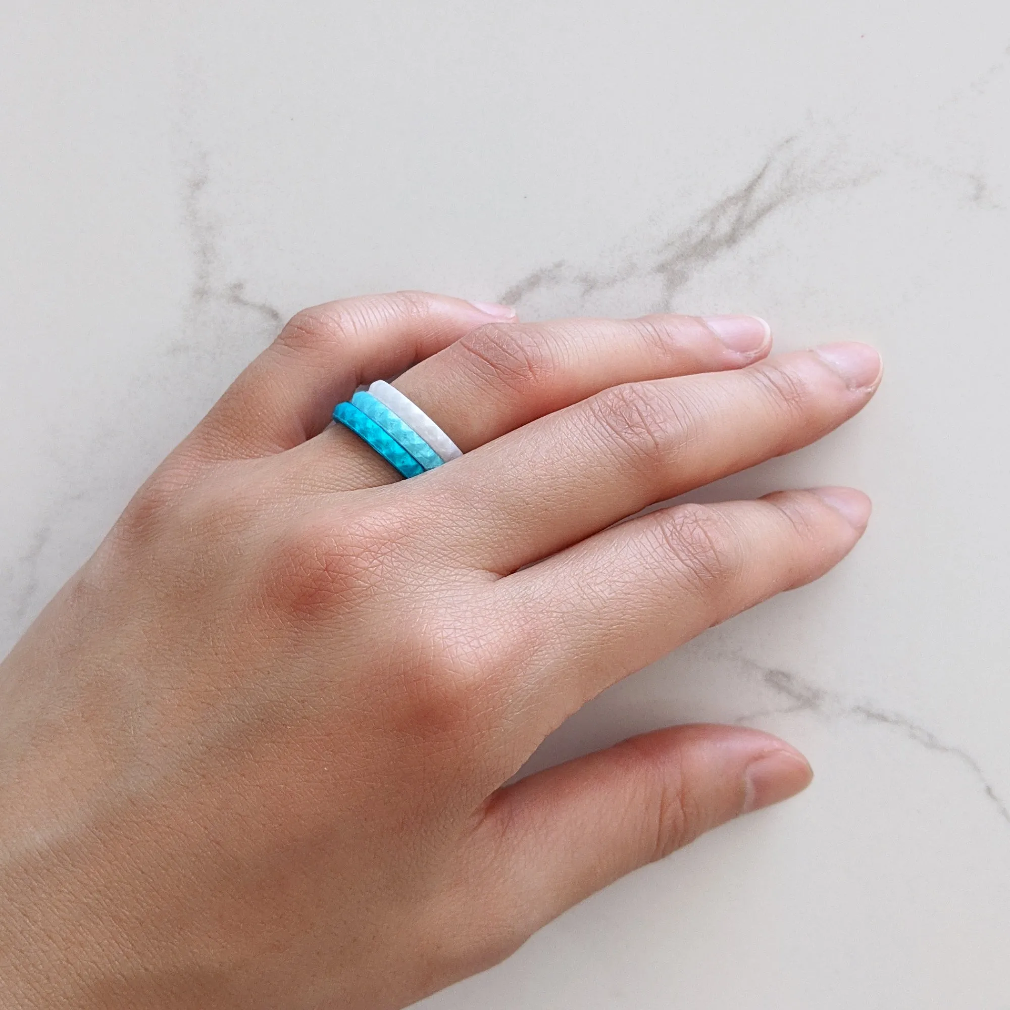 Pearl Aquamarine Pyramid Stackable Slim Thin Silicone Ring for Women