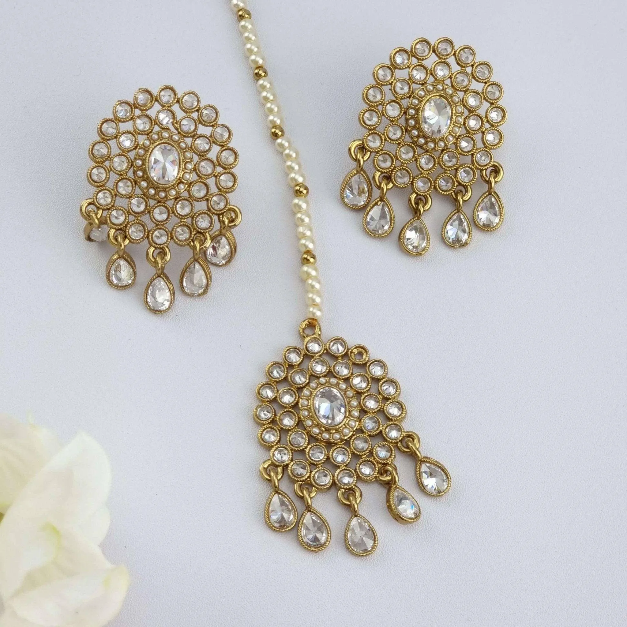 Polki Pearl Stud Earrings Tikka Set