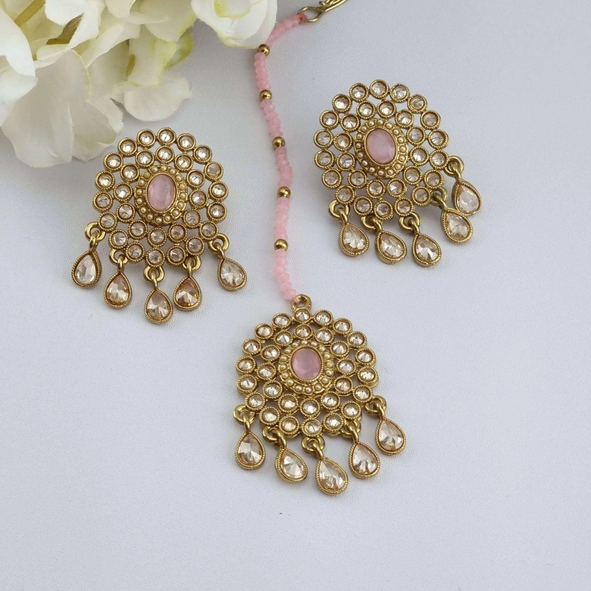 Polki Pearl Stud Earrings Tikka Set
