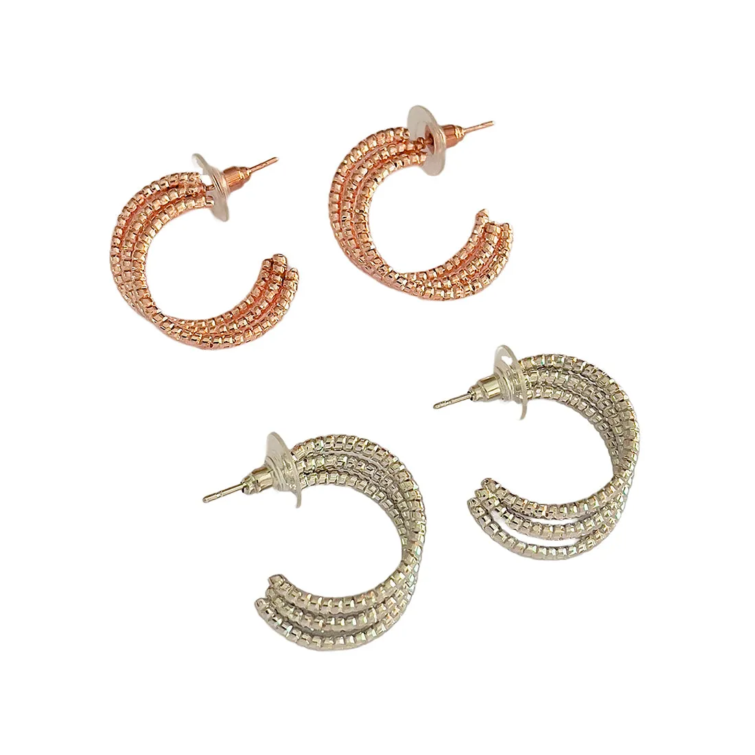 Set Of 2 Rose Gold & Silver Layered Open-Hoop Earrings