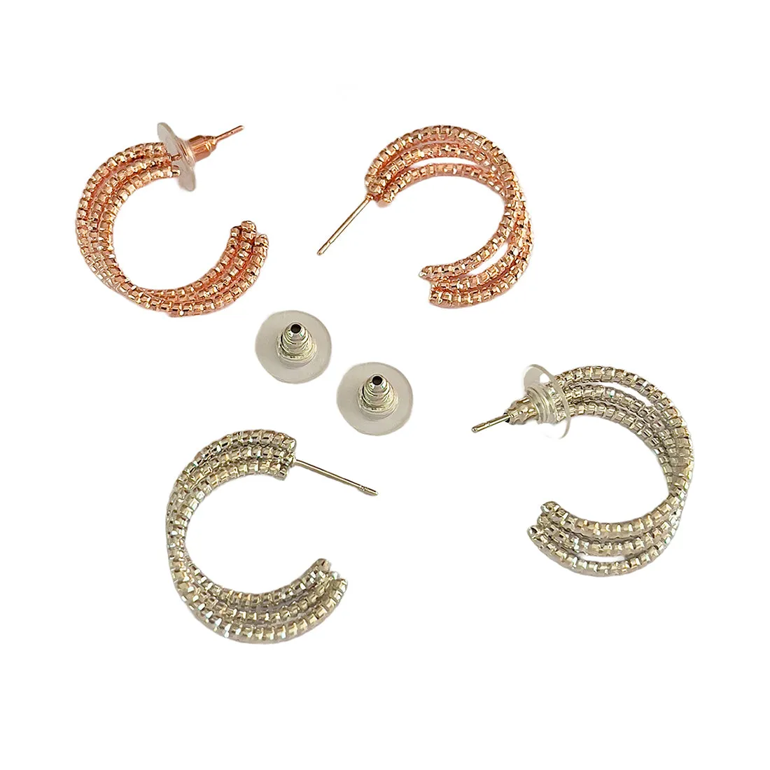 Set Of 2 Rose Gold & Silver Layered Open-Hoop Earrings